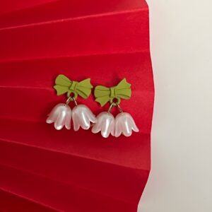 Green Bow Floral White Bell Minimalist Dangle Drop Earrings