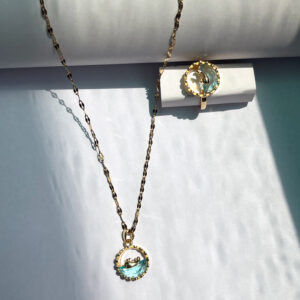 Golden Stainless Steel Blue Ocean Whale Pendant Necklace and Ring Combo