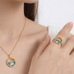 Golden Stainless Steel Blue Ocean Whale Pendant Necklace and Ring Combo